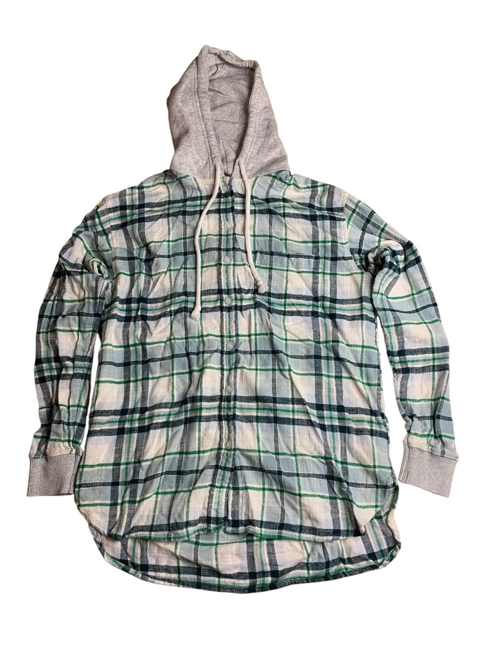 American Eagle Plaid Hooded Flannel Shirt - Green/Blue/White - Size S